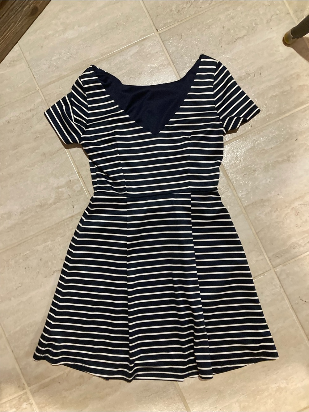 Pink Owl Navy & White Striped Fit-and-Flare Mini Dress with V-Back